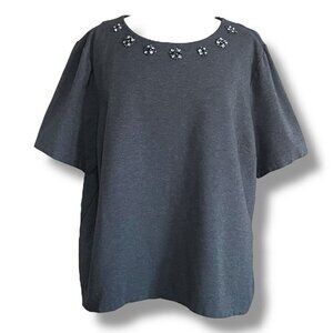 Talbots Womens Top 3X Gray Rhinestone Neckline Ponte Knit Short Sleeve Blouse
